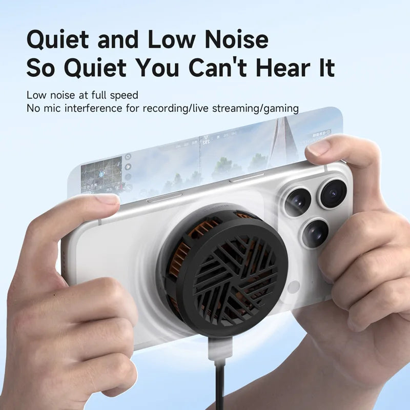 Hand holding a device with a fan, text about quietness and low noise.