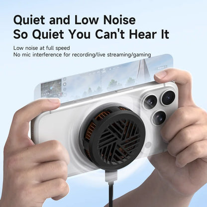 Hand holding a device with a fan, text about quietness and low noise.