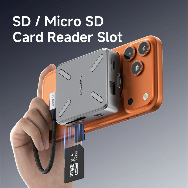 Orange phone case with card reader attached, showing SD/Micro SD card reader slot.