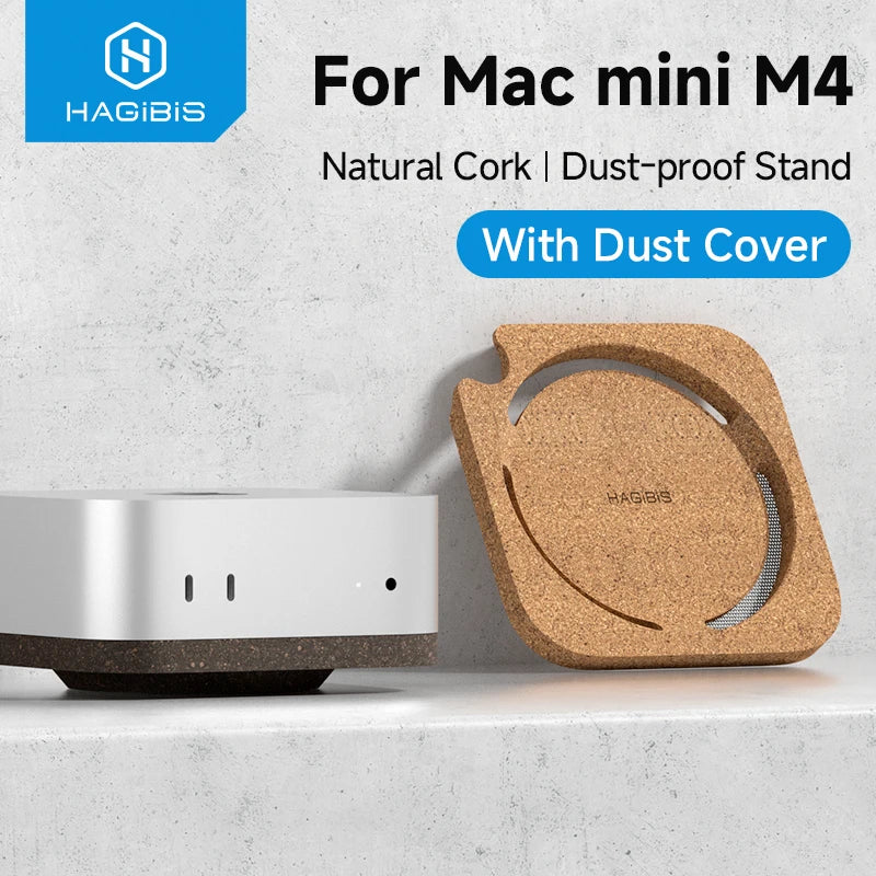 Cork dust-proof stand for Mac mini M4 with HAGIBIS branding on a light gray background