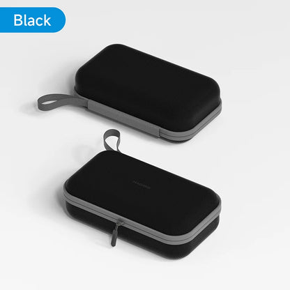 Two black carrying cases with gray handles on a white background