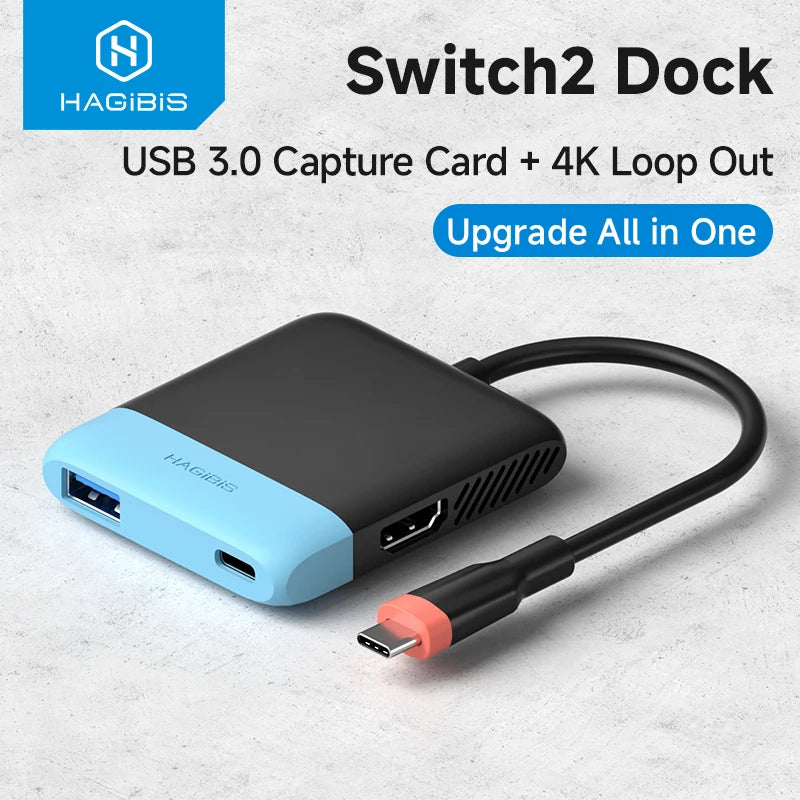 HAGIBIS Switch2 Dock with USB 3.0 capture card and 4K loop out on a light gray background