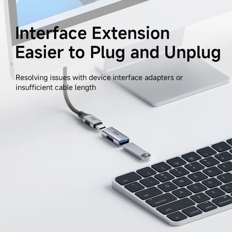 Interface extension cable with USB connector on a laptop and keyboard setup, text about ease of use and problem resolution.