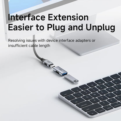 Interface extension cable with USB connector on a laptop and keyboard setup, text about ease of use and problem resolution.