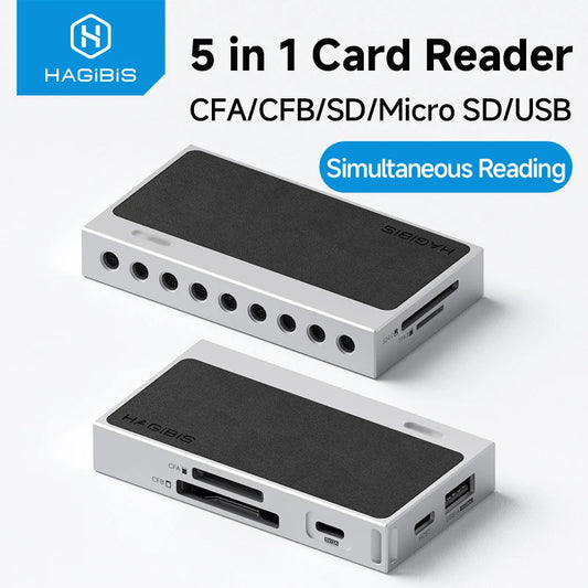 HAGIBIS 5-in-1 card reader device shown in two angles on a white background with text overlays indicating support for CFA, CFB, SD, Micro SD, and USB, and 'Simultaneous Reading' feature.