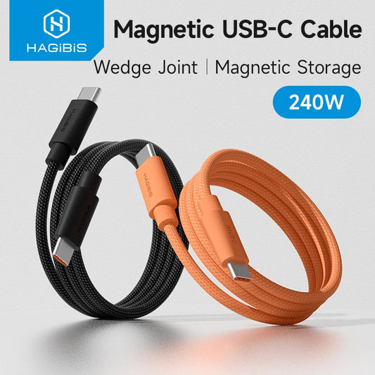 Magnetic USB-C cables in black and orange with Hagibis branding on a light gray background.