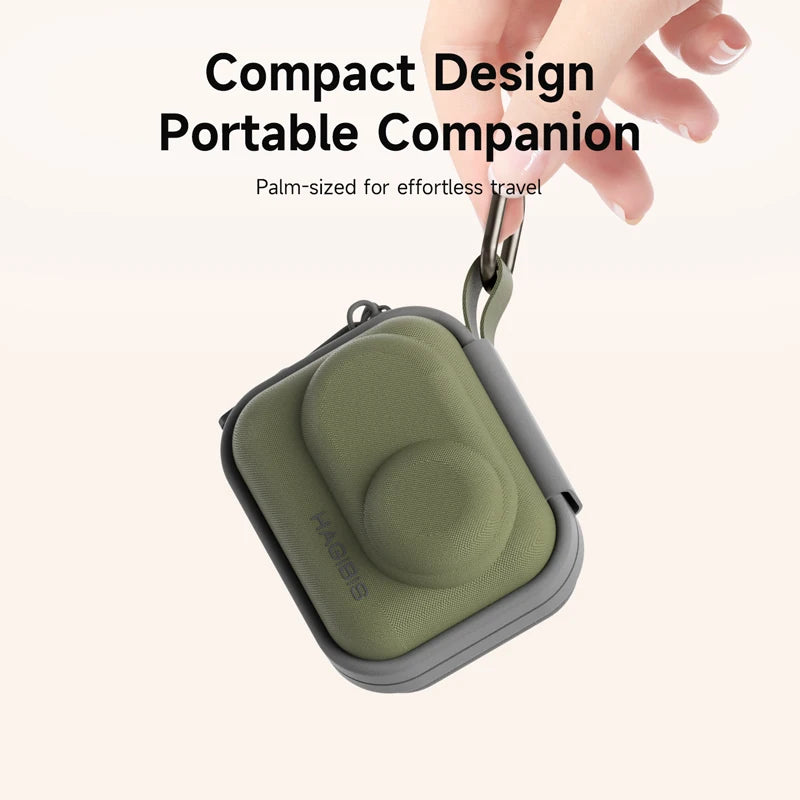 Green and gray portable case with a hand holding it, labeled 'Compact Design Portable Companion'.