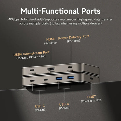 Multi-functional ports with labeled features on a dark background
