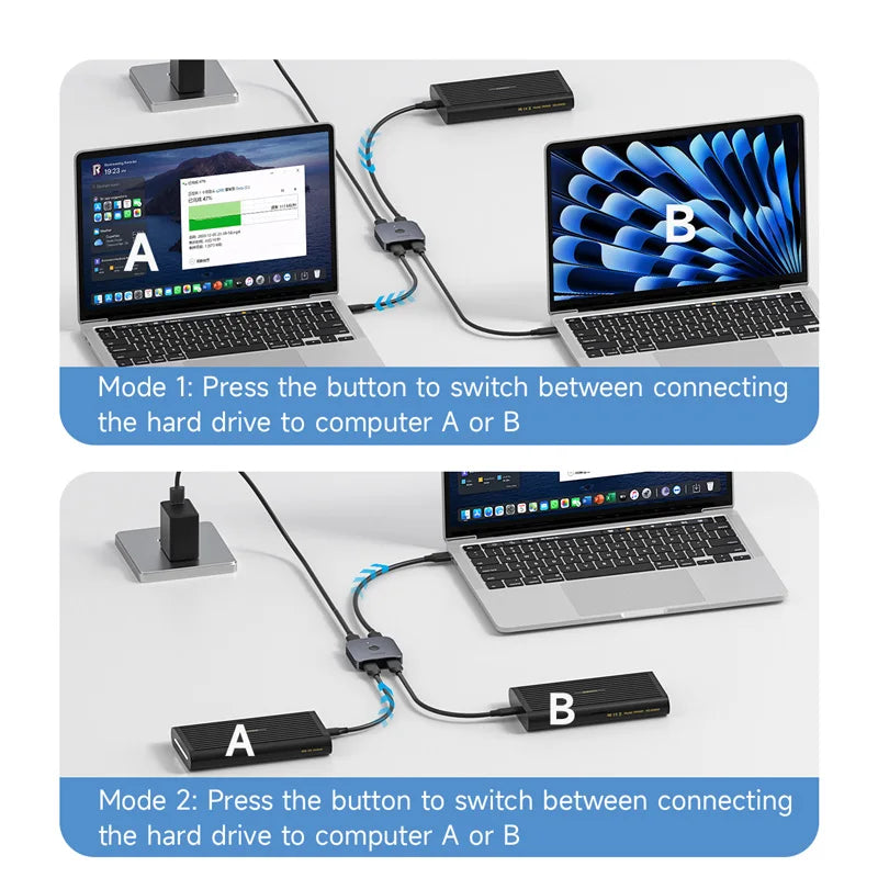 Two laptops connected to a hard drive switch with mode instructions displayed.