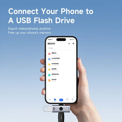 Hand holding a smartphone connected to a USB flash drive with text on a blue background