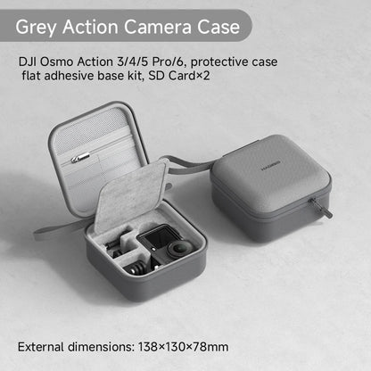 Gray action camera case with open lid showing included items on a light gray background
