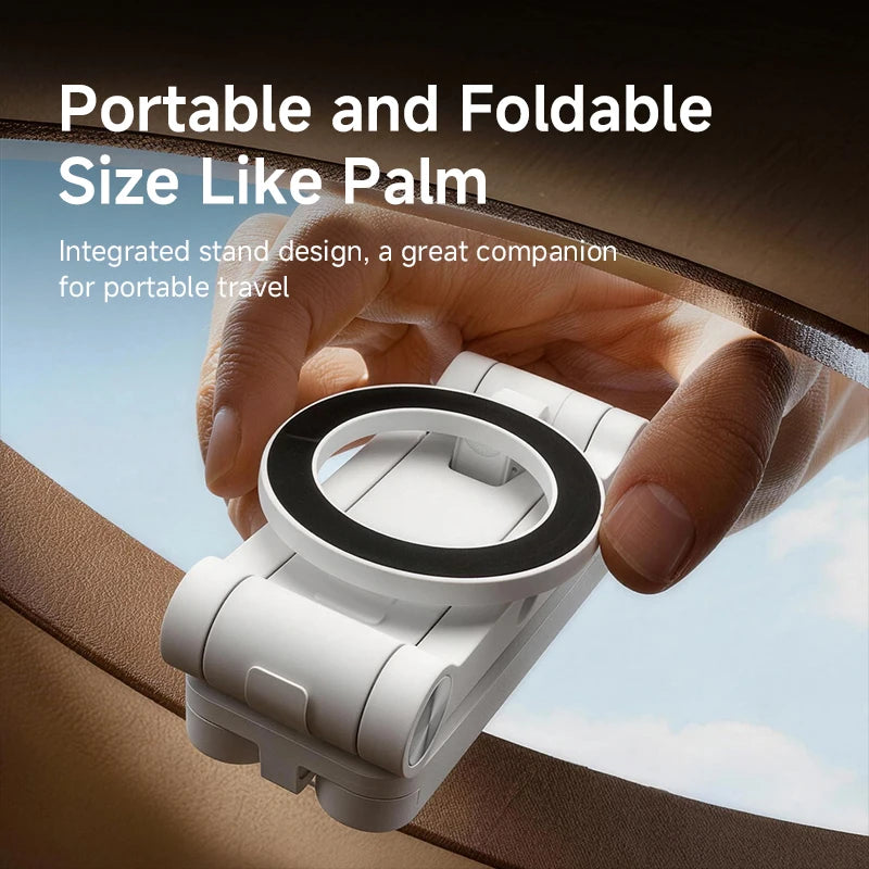 Hand holding a portable magnifying glass with text about its size and design.