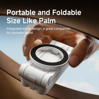 Hand holding a portable magnifying glass with text about its size and design.