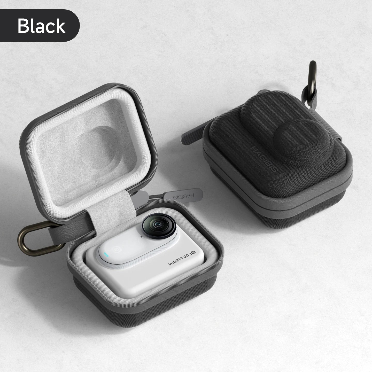 Black wireless earbuds in a carrying case on a light gray background