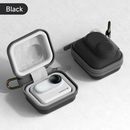 Black wireless earbuds in a carrying case on a light gray background