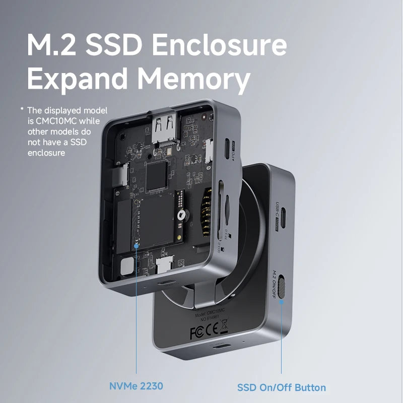 M.2 SSD enclosure with technical details on a gray background