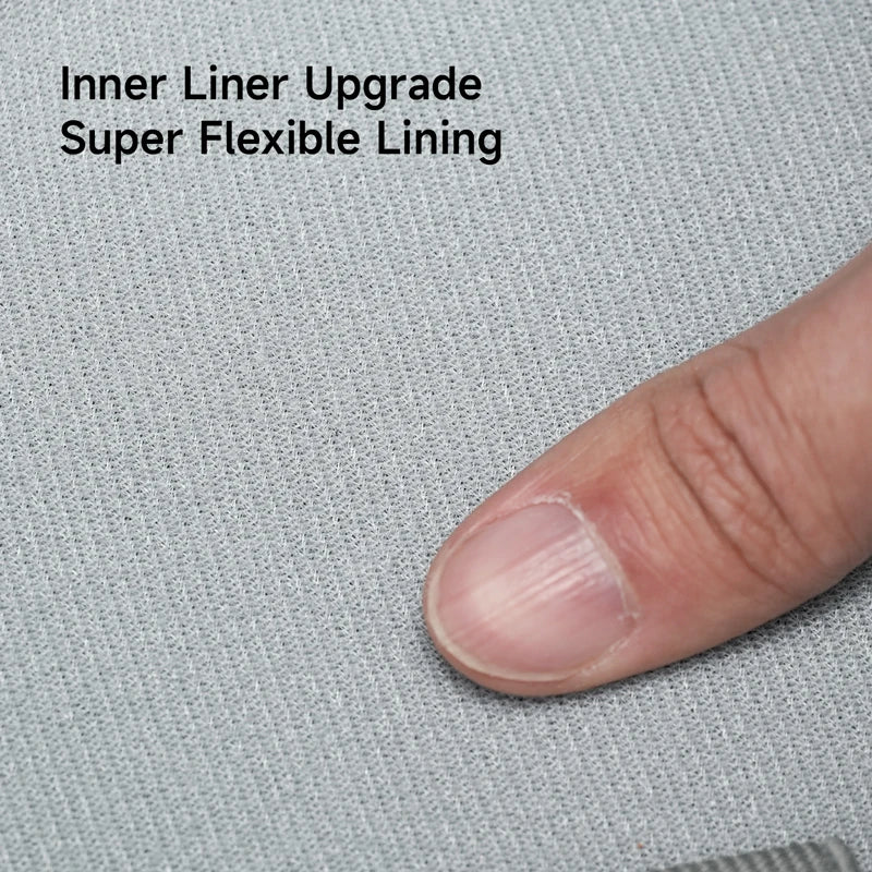 Text 'Inner Liner Upgrade Super Flexible Lining' on a textured gray background with a finger for scale.