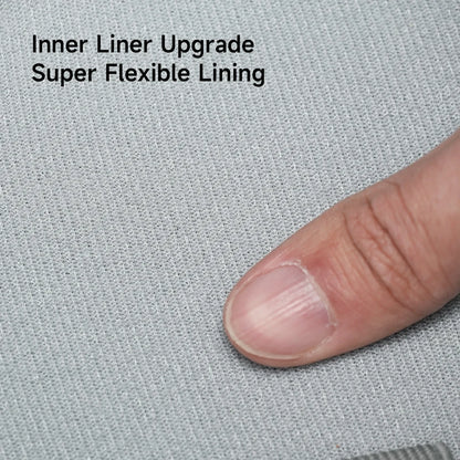 Text 'Inner Liner Upgrade Super Flexible Lining' on a textured gray background with a finger for scale.