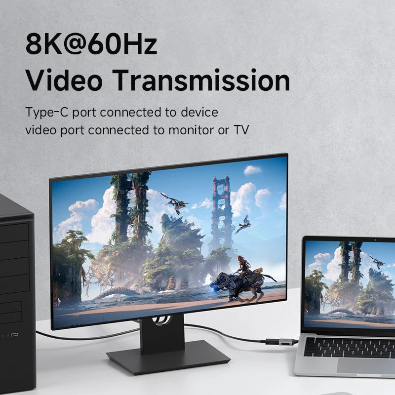 Monitor and laptop displaying 8K@60Hz video transmission with Type-C connection.