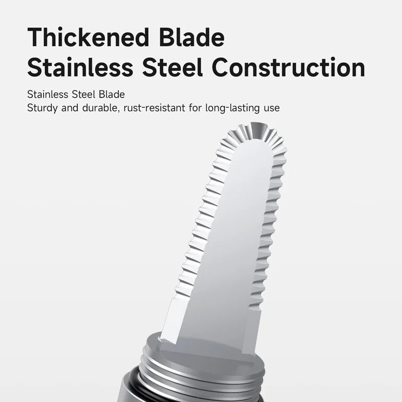 Stainless steel blade with text highlighting its features on a white background