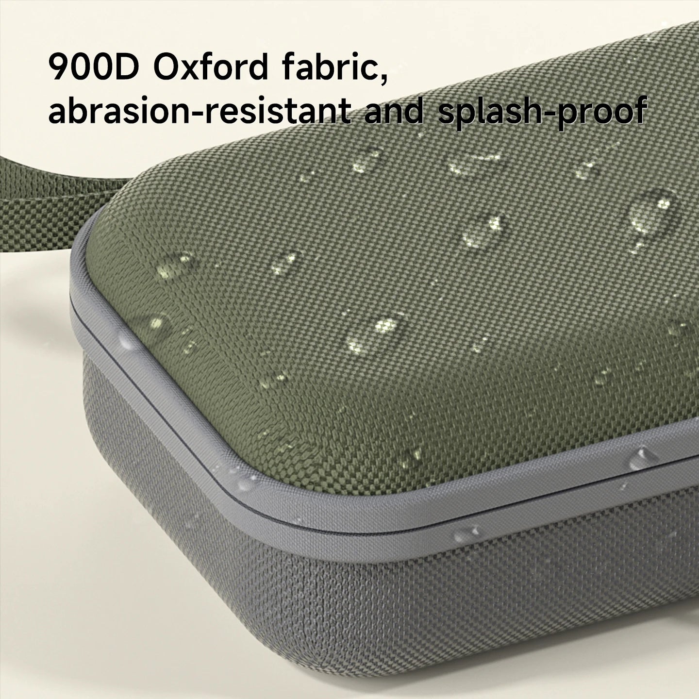 Green textured case with text highlighting 900D Oxford fabric properties