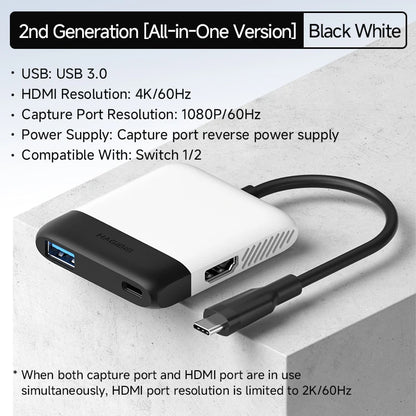 2nd Generation All-in-One Version USB capture device with specifications on a light gray background