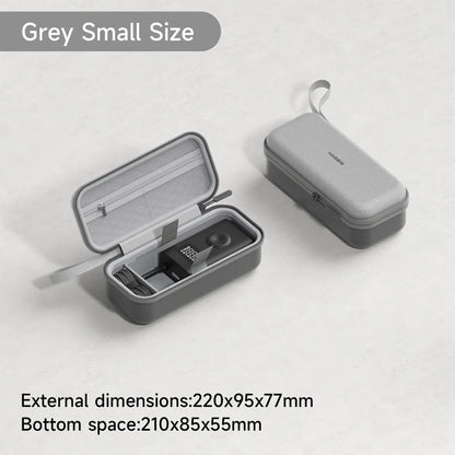 Gray travel case with open lid showing contents on a light gray background