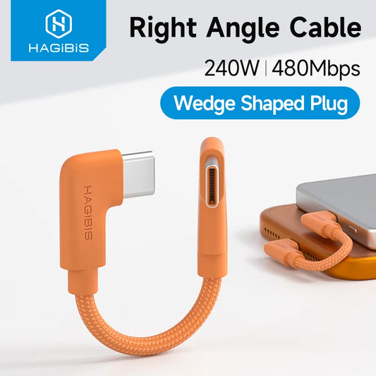 Orange right-angle cable with wedge-shaped plug, featuring Hagibis branding.