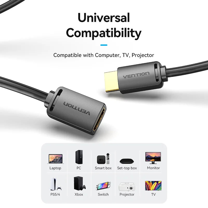 HDMI cable with connectors on a white background, labeled 'Vention' and featuring text about universal compatibility.