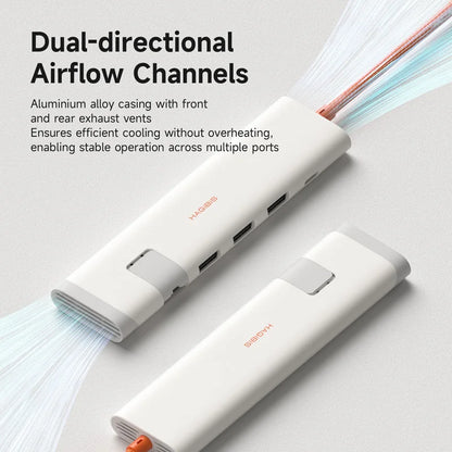 White USB hub with dual-directional airflow channels on a light gray background