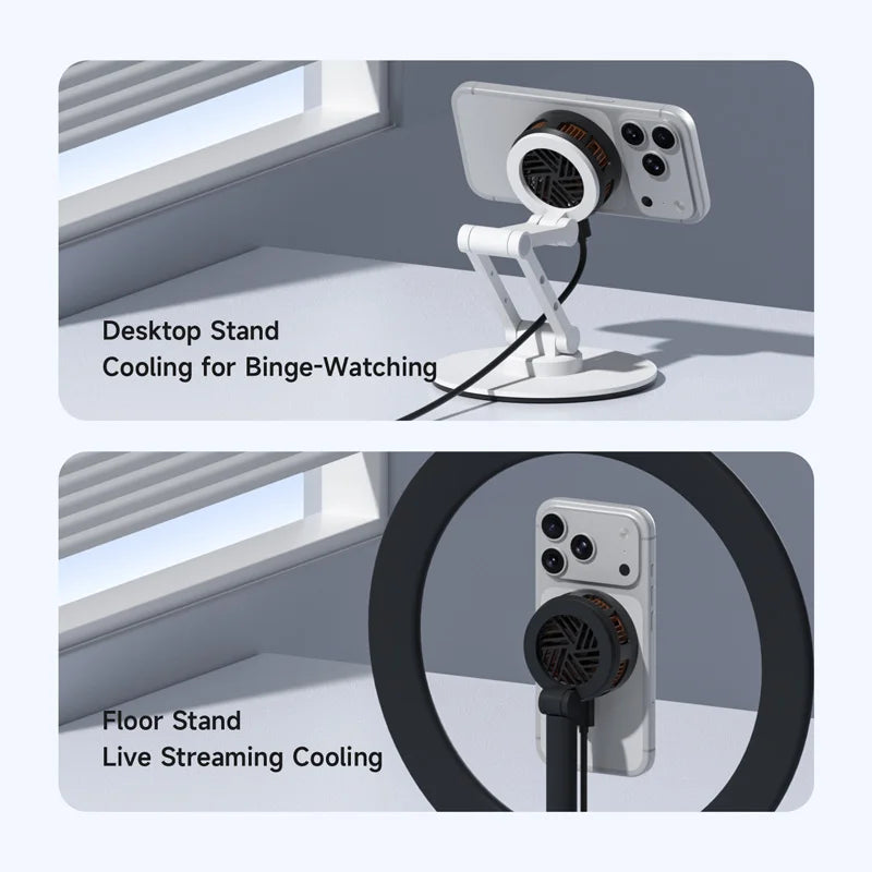 Phone with cooling system on a desk and floor, labeled for different uses.