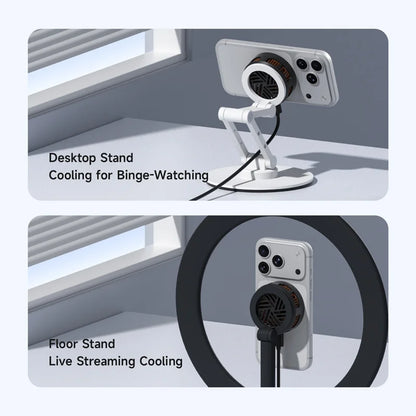 Phone with cooling system on a desk and floor, labeled for different uses.