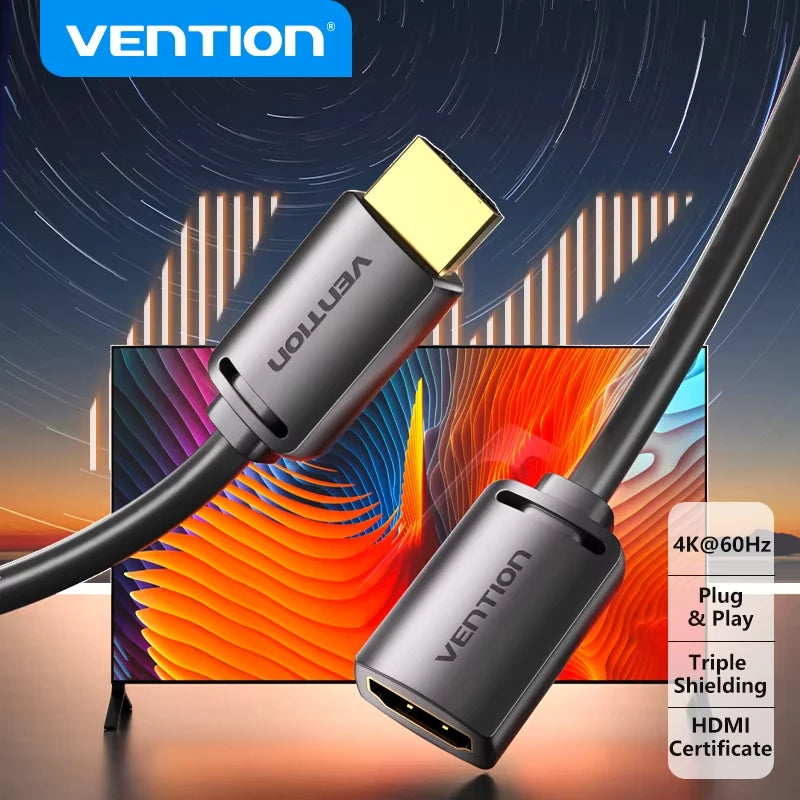 HDMI cable with connectors on a colorful abstract background, featuring the Vention brand.