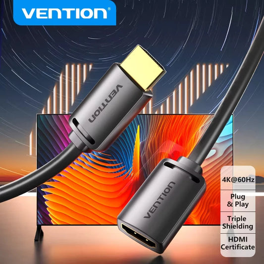 HDMI cable with connectors on a colorful abstract background, featuring the Vention brand.