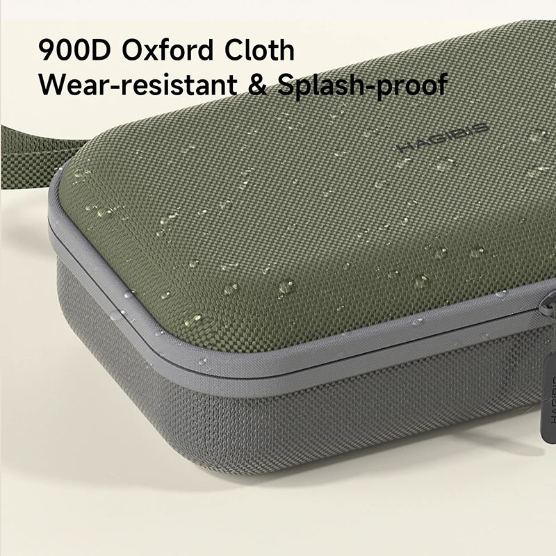 Green and gray case with text indicating 900D Oxford Cloth, wear-resistant, and splash-proof features.