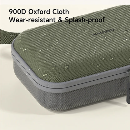 Green and gray case with text indicating 900D Oxford Cloth, wear-resistant, and splash-proof features.