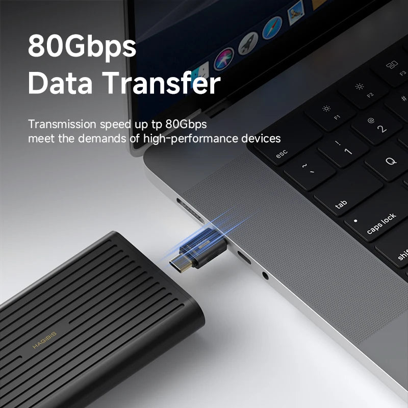 USB drive connected to a laptop with text highlighting 80Gbps data transfer speed.