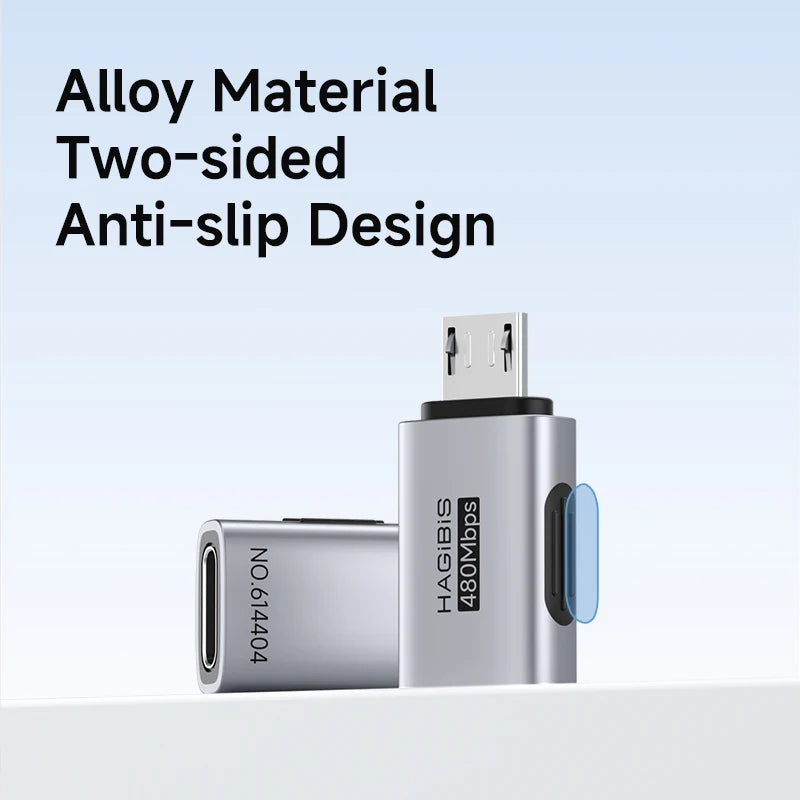 Metal USB adapter with 'HAGIBIS' branding on a light blue background