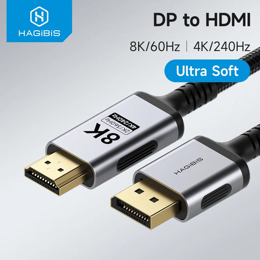Hagibis DP to HDMI cable with Ultra Soft feature on a gray background