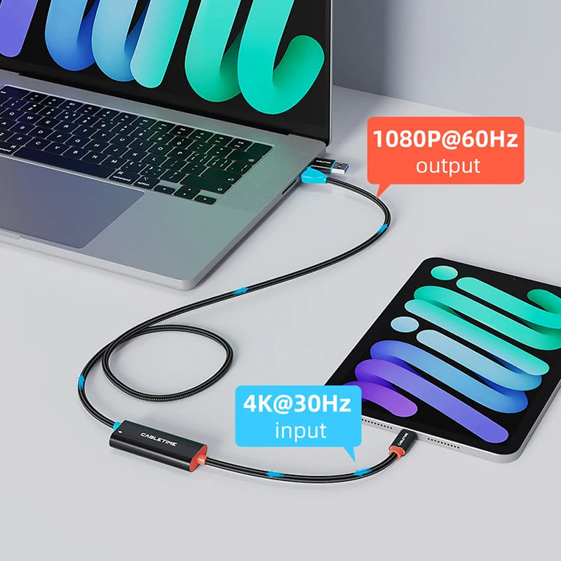 CABLETIME 2-in-1 USB-C Video Capture Cable 1080P 60Hz 100W PD