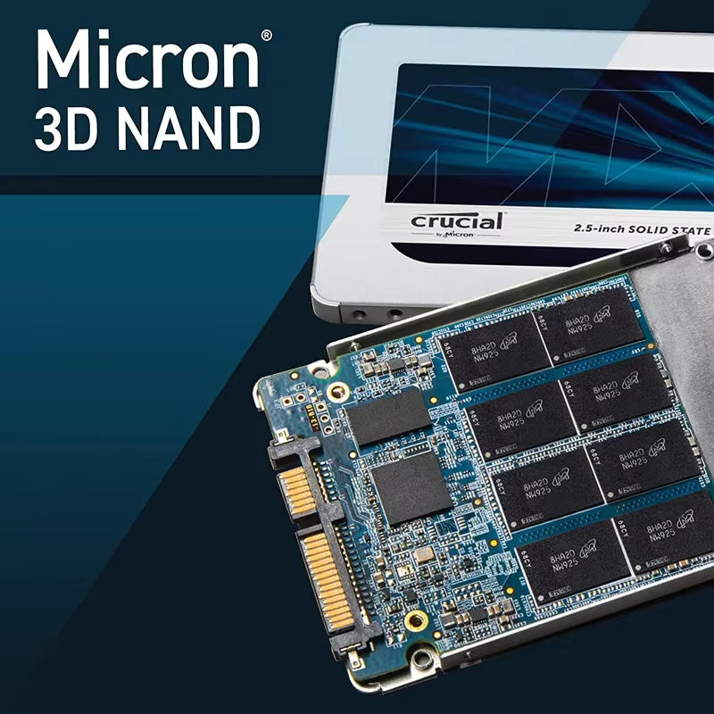Micron 3D NAND solid-state drive with Crucial branding on a blue gradient background