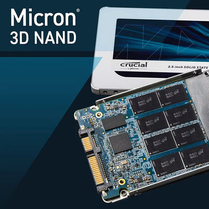 Micron 3D NAND solid-state drive with Crucial branding on a blue gradient background