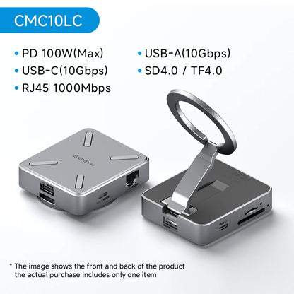 Multifunctional device with USB ports and card slots on a white background
