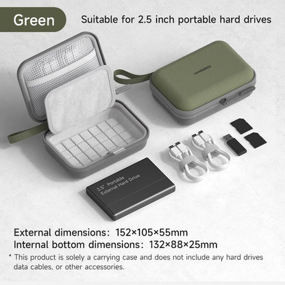 Green carrying case for 2.5 inch portable hard drives with external and internal dimensions displayed.