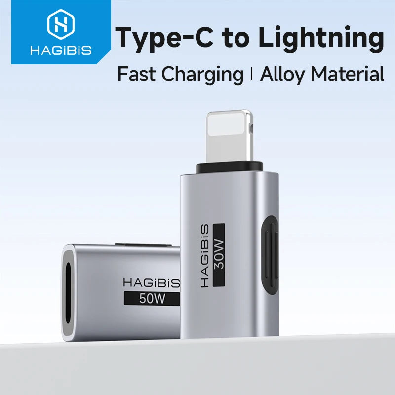 Hagibis Type-C to Lightning adapter with alloy material on a light blue background