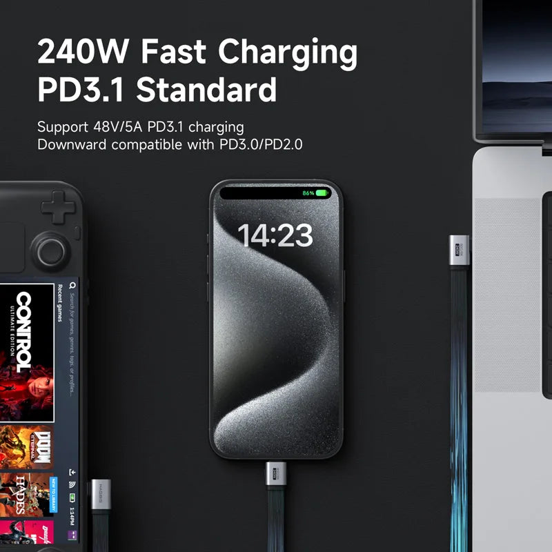 Smartphone with a charging cable on a dark background, displaying fast charging capabilities.