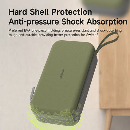 Green hard shell protection case for Switch2 with text about hard shell protection and anti-pressure shock absorption.