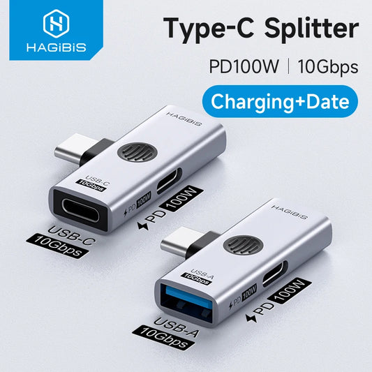 Hagibis Type-C splitter with USB-C and USB-A ports on a light gray background