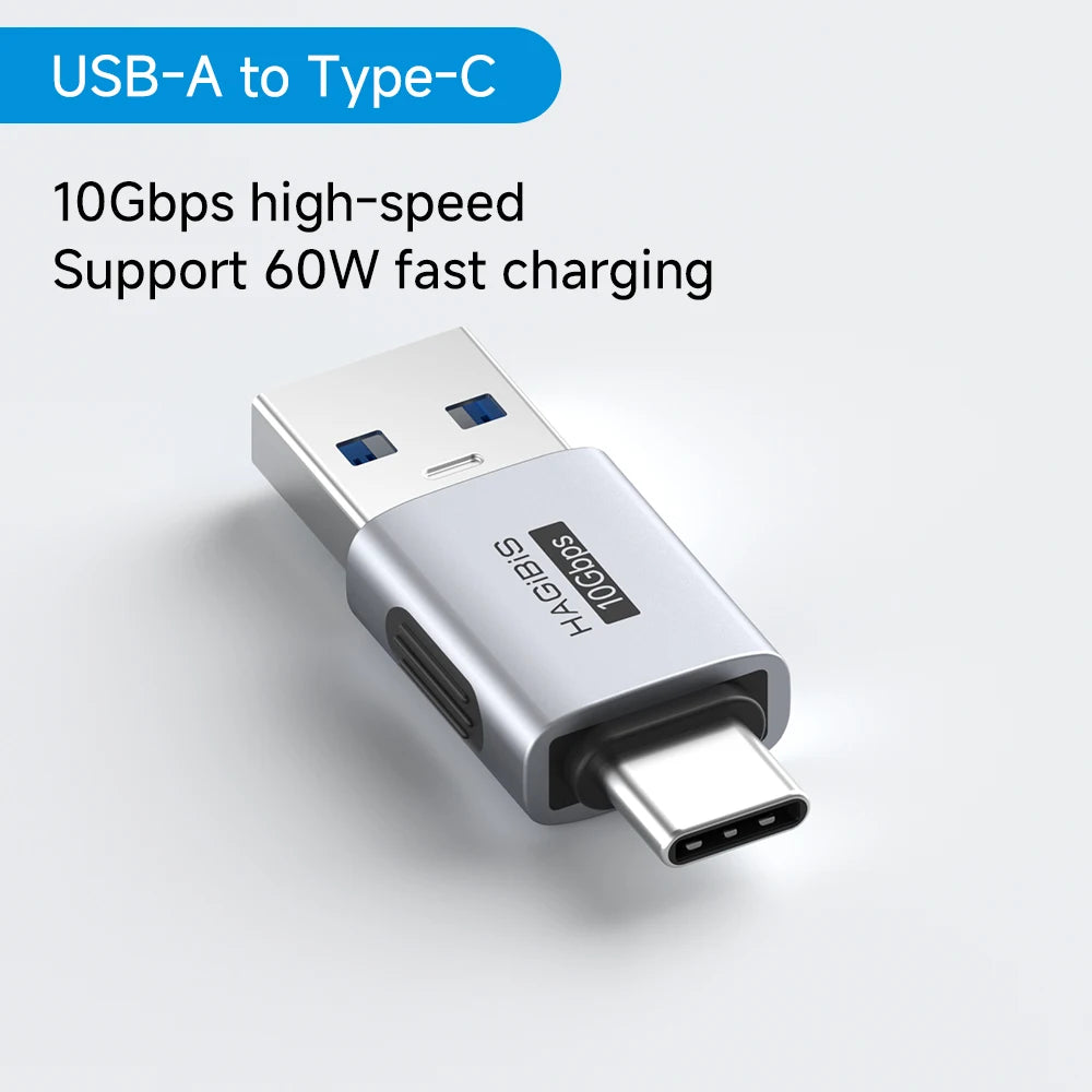 USB-A to Type-C adapter with text highlighting features on a light gray background