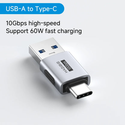 USB-A to Type-C adapter with text highlighting features on a light gray background